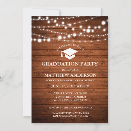 Rustic Wood Lights Graduation Party Invitation WC Kaart (Voorkant)