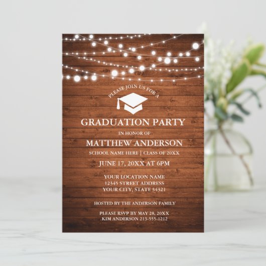 Rustic Wood Lights Graduation Party Invitation WC Kaart (Staand voorkant)