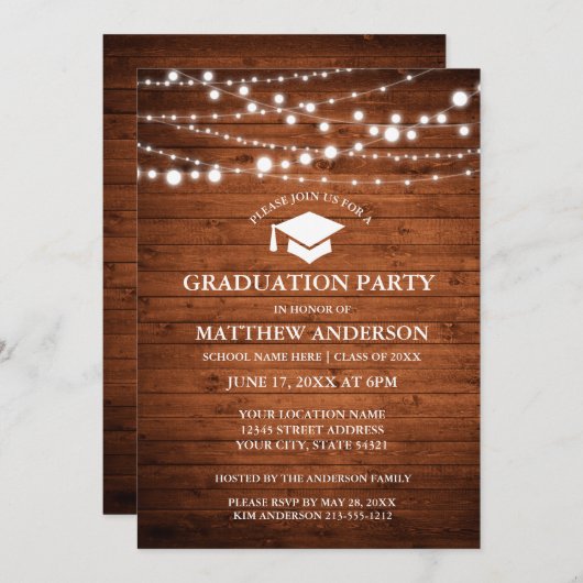 Rustic Wood Lights Graduation Party Invitation WC Kaart (Voorkant / Achterkant)