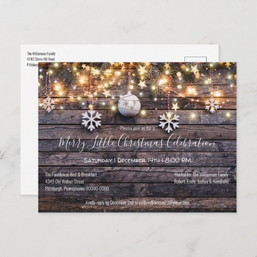 Rustic Wood & Lights Kerstfeest Uitnodiging (Voorkant / Achterkant)