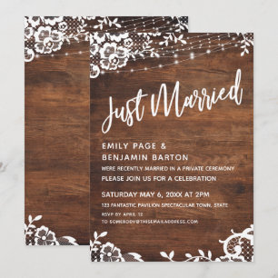 Rustic Wood, lights & Lace Just Married Typography Kaart