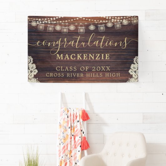 Rustic Wood Lights Lace Mason Jars Afstuderen Spandoek (Insitu)