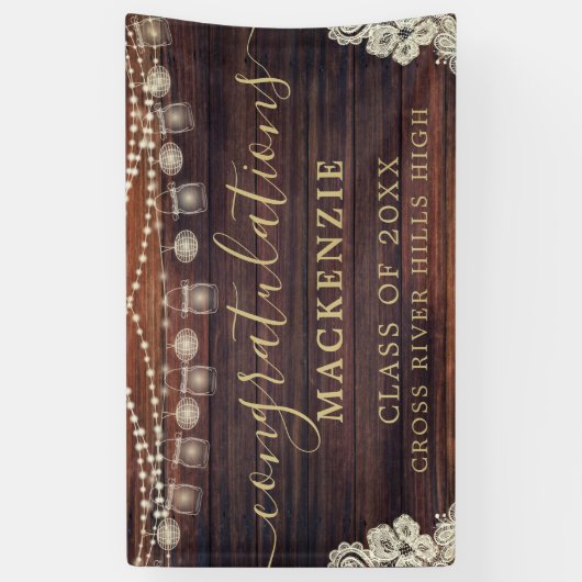 Rustic Wood Lights Lace Mason Jars Afstuderen Spandoek (Verticaal)