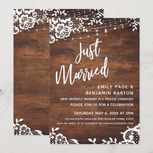 Rustic Wood, Lights & Lace Net Getrouwd Evenement Kaart (Voorkant / Achterkant)