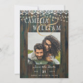 RUSTIC WOOD LIGHTS LACE PHOTO Wedding Save Date Kaart (Voorkant)