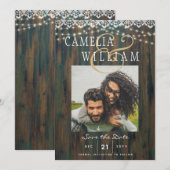 RUSTIC WOOD LIGHTS LACE PHOTO Wedding Save Date Kaart (Voorkant / Achterkant)