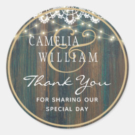 RUSTIC WOOD LIGHTS LACE Wedding Bedankt Ronde Sticker
