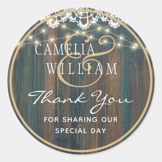 RUSTIC WOOD LIGHTS LACE Wedding Bedankt Ronde Sticker (Voorkant)