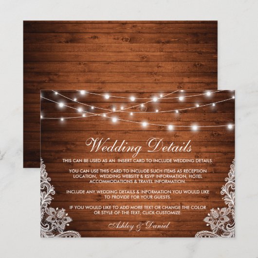 Rustic Wood Lights Lace Wedding Details Kaart (Voorkant / Achterkant)