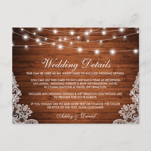 Rustic Wood Lights Lace Wedding Details Kaart (Voorkant)