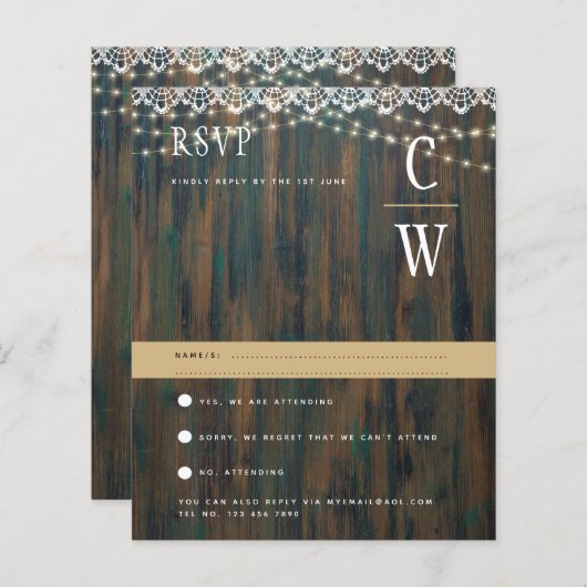 RUSTIC WOOD LIGHTS LACE Wedding RSVP (Voorkant / Achterkant)