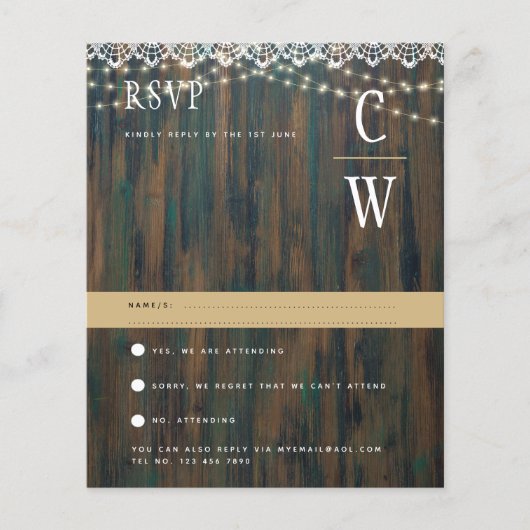 RUSTIC WOOD LIGHTS LACE Wedding RSVP (Voorkant)