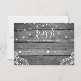 Rustic Wood Lights Lace Wedding RSVP Kaartje