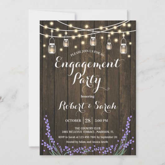 Rustic Wood Lights Lavender Engagement Party Kaart (Voorkant)