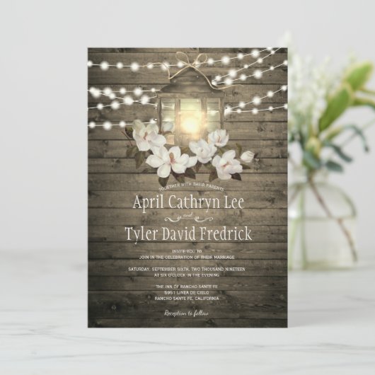 Rustic Wood Lights Magnolia Wedding Kaart (Staand voorkant)