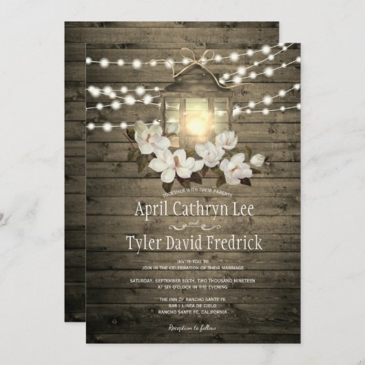 Rustic Wood Lights Magnolia Wedding Kaart (Voorkant / Achterkant)