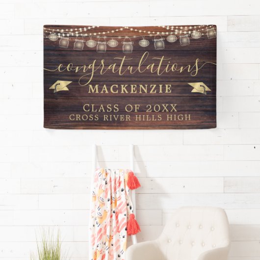 Rustic Wood Lights Mason Jars Afstuderen Spandoek (Insitu)