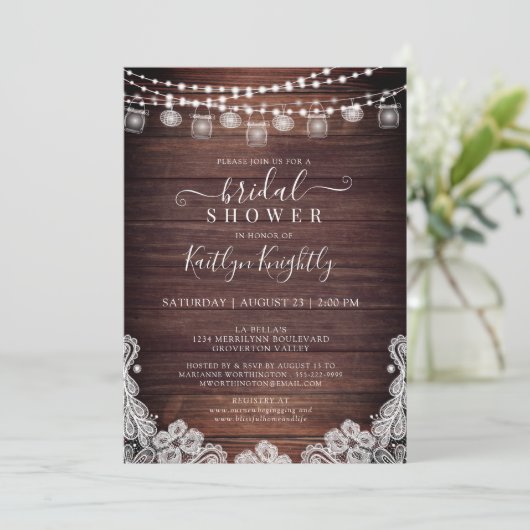 Rustic Wood Lights Mason Jars Lace Vrijgezellenfee Kaart (Staand voorkant)