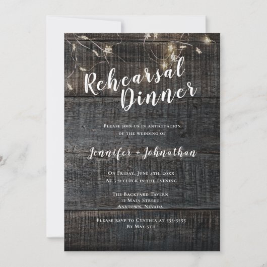 Rustic Wood Lights Rehearsal Dinner Invitations Kaart (Voorkant)