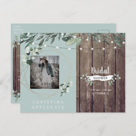 Rustic Wood & Lights Seafoam Vrijgezellenfeest Uitnodiging Briefkaart (Voorkant / Achterkant)