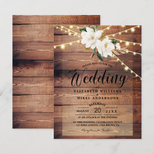 Rustic Wood Lights String & Floral White bruiloft Kaart (Voorkant / Achterkant)