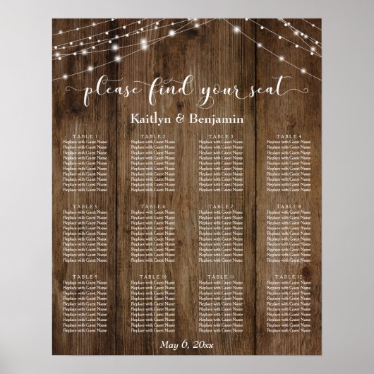 Rustic Wood Lights Wedding Reception Seating Chart Poster (Voorkant)