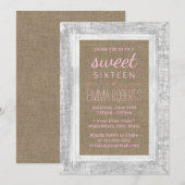 Rustic Wood Lijst Burlap Sweet 16 Pink Birthday Kaart (Voorkant / Achterkant)