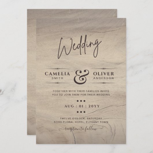 Rustic Wood look Typography Budget Wedding Kaart (Voorkant / Achterkant)