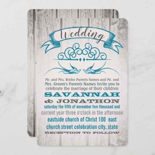 Rustic Wood  Love bird Wedding Invitation Kaart (Voorkant / Achterkant)