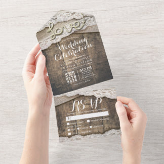 Rustic Wood Love Rope Burlap Lace Wedding RSVP All In One Uitnodiging