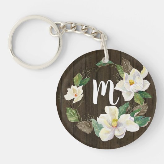 Rustic Wood Magnolia Farmhouse Floral Waterverf Sleutelhanger (Voorkant)