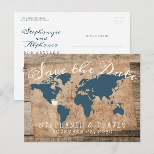 Rustic Wood Map Destination Wedding Save the Date Aankondigingskaart (Voorkant / Achterkant)