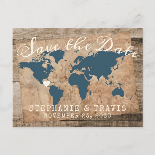 Rustic Wood Map Destination Wedding Save the Date Aankondigingskaart (Voorkant)