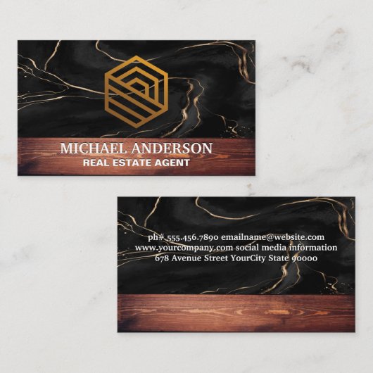 Rustic Wood | Marmer | Logo onroerend goed Visitekaartje (Voorkant / Achterkant)