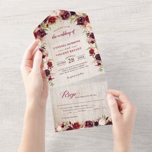 Rustic Wood Marsala Floral Wedding (geen ENV nodig All In One Uitnodiging (Afscheurbaar)