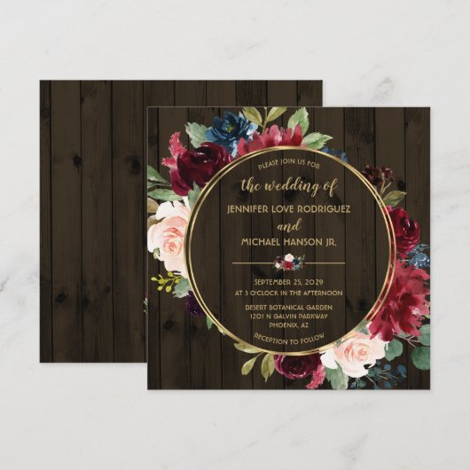 Rustic Wood Marsala Navy Gold Floral Bouquet (Voorkant / Achterkant)