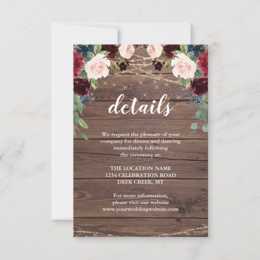 Rustic Wood Marsala Wedding Reception Details Kaart (Voorkant)