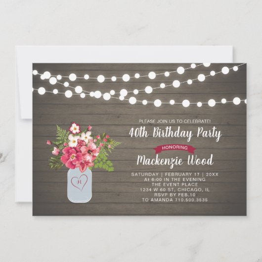 Rustic Wood & Mason Jar 40th Birthday Invitation Kaart (Voorkant)