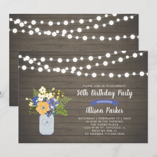 Rustic Wood & Mason Jar 50th Birthday Invitation Kaart (Voorkant / Achterkant)