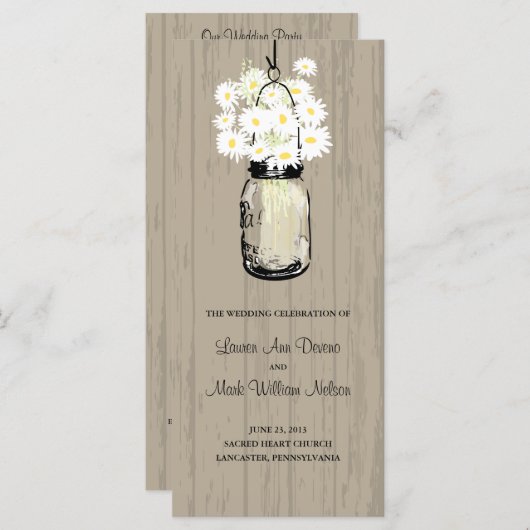Rustic Wood Mason Jar and Daisies-programma Programmakaart (Voorkant / Achterkant)