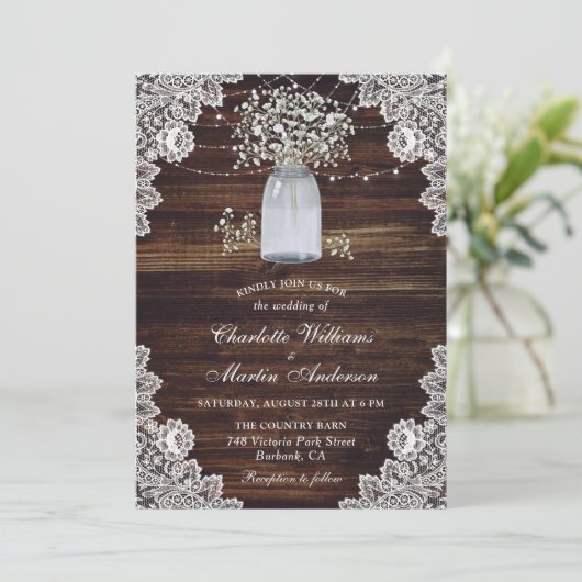 Rustic Wood Mason Jar Baby's Breath Wedding Kaart (Staand voorkant)
