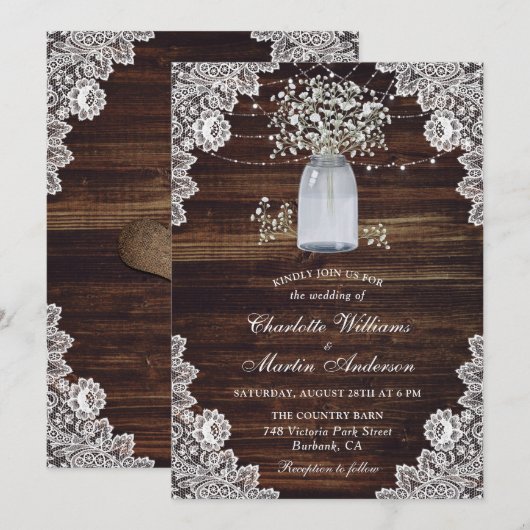 Rustic Wood Mason Jar Baby's Breath Wedding Kaart (Voorkant / Achterkant)