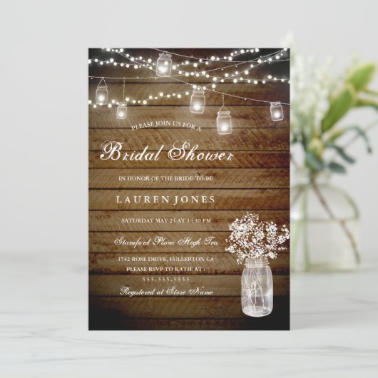 Rustic Wood Mason Jar Bruids Douche Uitnodiging (Staand voorkant)