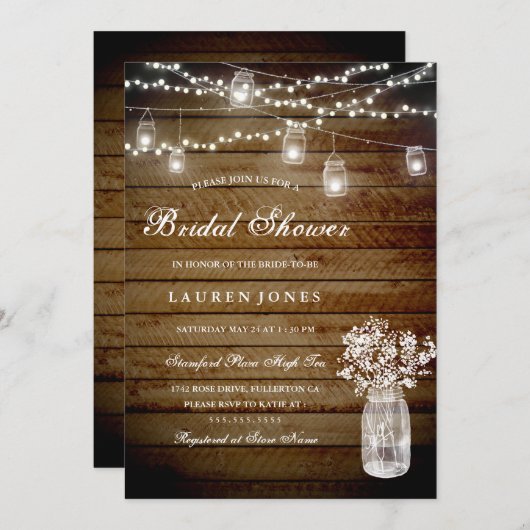 Rustic Wood Mason Jar Bruids Douche Uitnodiging (Voorkant / Achterkant)