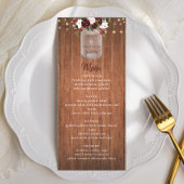 Rustic Wood Mason Jar Burgundy Floral Wedding Menu