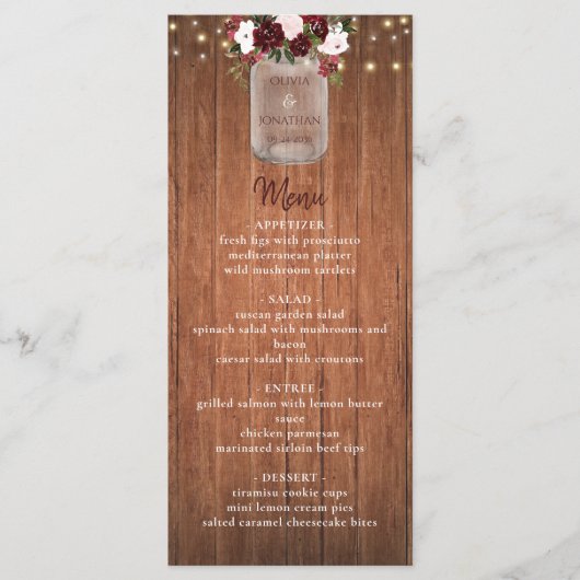 Rustic Wood Mason Jar Burgundy Floral Wedding Menu (Voorkant)
