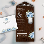 Rustic Wood Mason Jar Dusty Blue Floral Wedding All In One Uitnodiging<br><div class="desc">Verwarm je gasten met deze elegante trouwuitnodiging met mooie bloemen en moderne typografie met afneembaar RSVP-briefkaart. Voeg eenvoudig uw gebeurtenisdetails op deze makkelijk te gebruiken sjabloon toe om het één-van-een-soort uitnodiging te maken.</div>