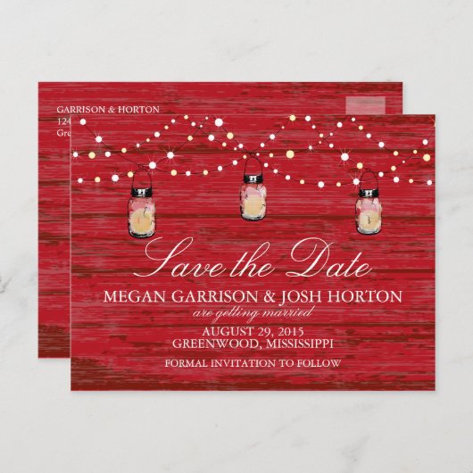Rustic Wood Mason Jar en Lichten sparen de Datum Aankondigingskaart (Voorkant / Achterkant)