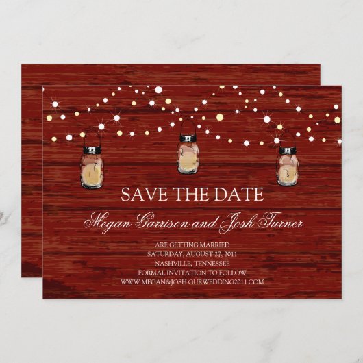 Rustic Wood Mason Jar en Lichten sparen de Datum Kaart (Voorkant / Achterkant)