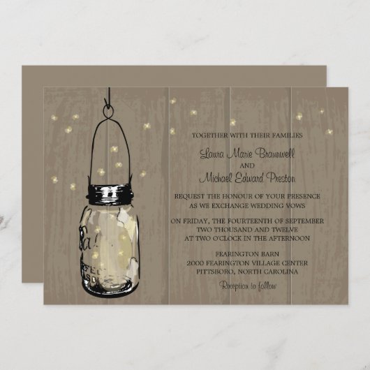 Rustic Wood Mason Jar Fireflies Kaart (Voorkant / Achterkant)